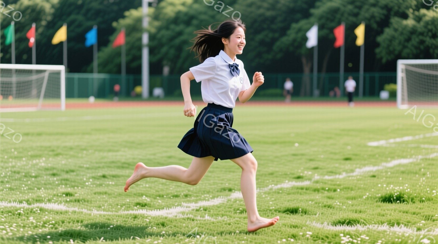 短いスカートと白いブラウスを着た少女が、緑の芝生の上を裸足で走っている。彼女は笑顔で、髪は風になびいている。背景にはサッカー場と旗があり、晴れた日の屋外で活気に満ちた雰囲気を感じられる。