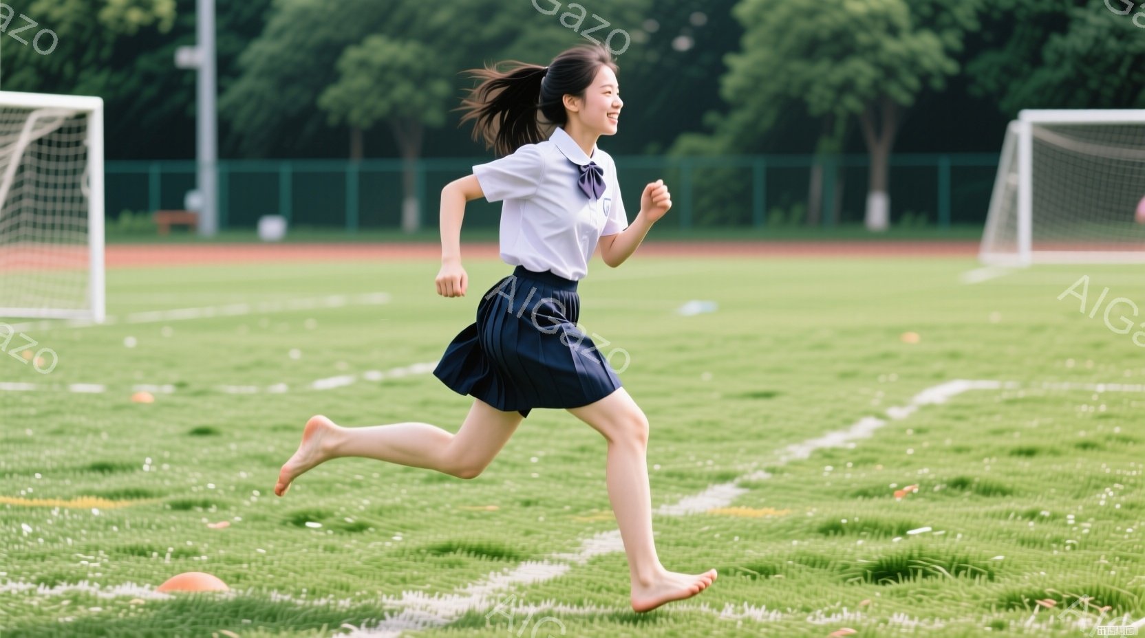 青い制服を着た若い女性が、緑の芝生の上を barefoot で走っている。彼女は明るい笑顔で、髪はポニーテールに結ばれている。背景にはサッカーコートと木々が見え、晴れた日の爽やかな雰囲気が漂っている。 - AI生成フリー素材