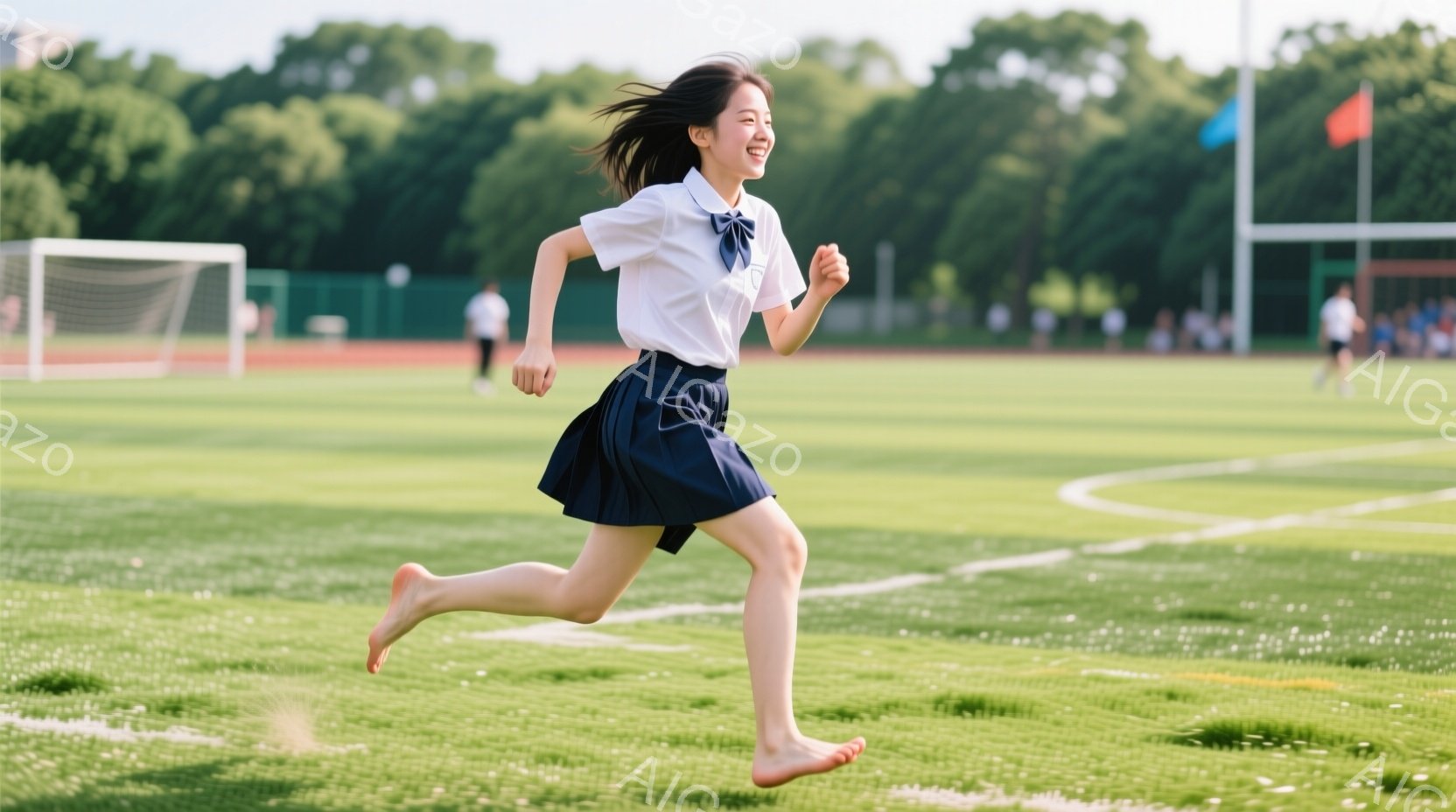 青い空の下、緑の芝生の上を、紺色のスカートと白いブラウスを着た少女が、裸足で走っている。彼女は笑顔で、髪を後ろで結んでいる。背景にはサッカーゴールと、遠くに見える木々や建物があり、明るく活気のある雰囲気が漂っている。