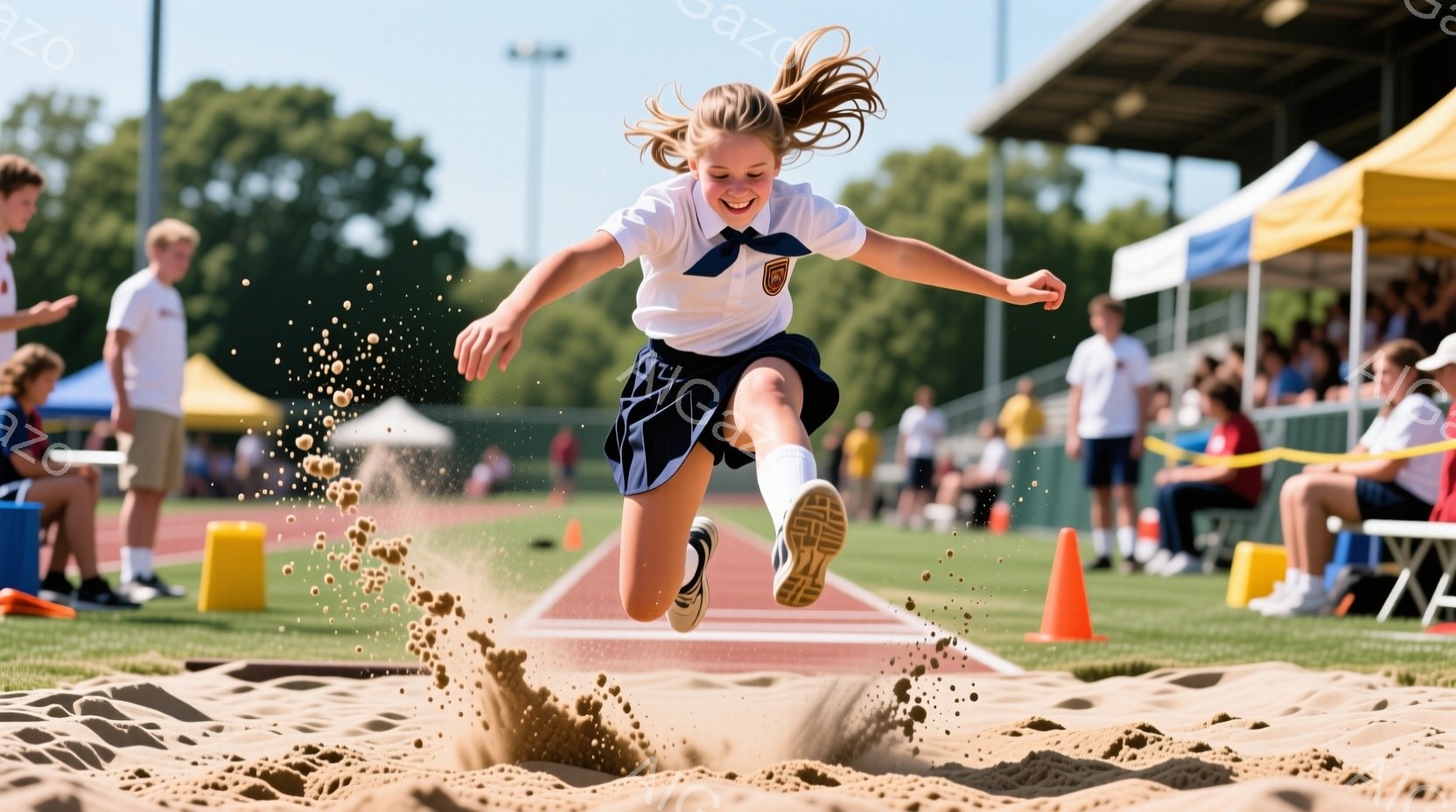 金髪をポニーテールにした少女が、陸上競技場の砂場に飛び込んでいます。白いシャツに紺色のスカート、そして白い靴下とスニーカーを履き、顔には楽しそうな笑顔が見られます。背景には観客席やオレンジ色のコーン、そして晴れた空と緑の芝生が広がり、活気に満ちた競技会の雰囲気が伝わってきます。