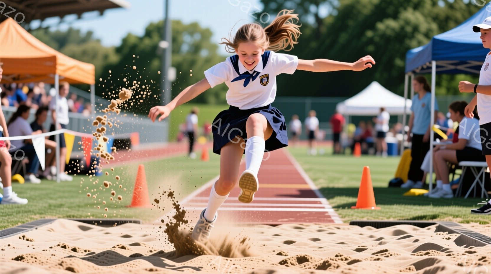 長い金髪をポニーテールにした少女が、陸上競技の砂場に飛び込んでいる様子が写っています。紺色のスカートと白いポロシャツを着ており、顔には笑顔が見られます。背景にはオレンジ色のテントや観客席、青空が広がり - AI生成フリー素材