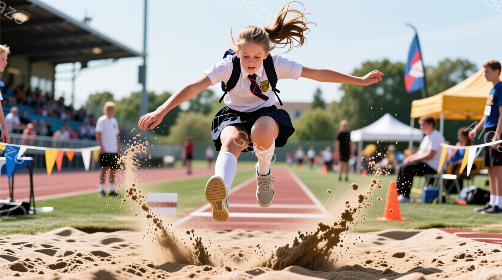 女子は長跳びの最中で、空中で足を前に伸ばし、砂場に着地しようとしている。紺色のスカートと白いシャツ、ソックス、スニーカーを着用し、髪はポニーテールに結ばれている。背景にはトラック、観客席、そして晴れた空が広がっており、運動会の活気ある雰囲気が感じられる。