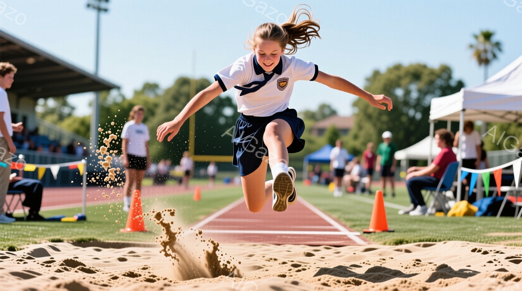 明るい晴れた日に、若い女性が陸上競技場で走り幅跳びをしている様子が写っている。彼女は白とネイビーのトラックアンドフィールドユニフォームを着ており、髪はポニーテールに結ばれている。彼女は空中で体を前に伸ばし、砂場に飛び込む直前のダイナミックな姿勢をとっており、周囲には観客席やコーン、テントなどが確認できる。