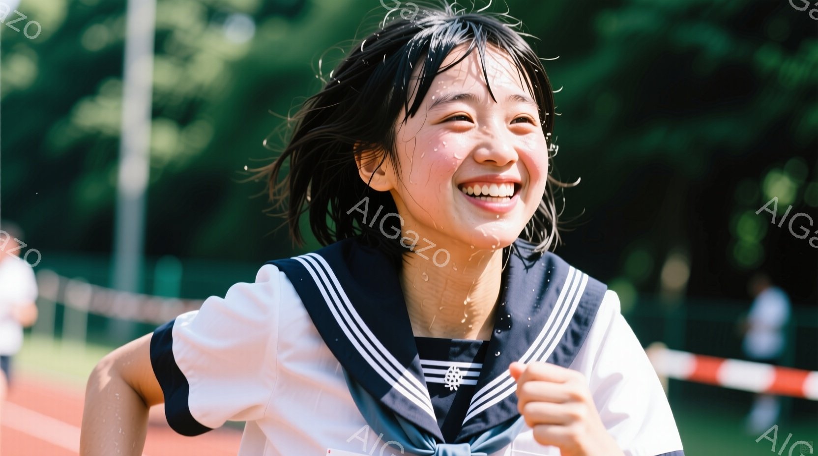 制服を着た若い女性が、走りながら満面の笑みを浮かべている。彼女の髪は濡れており、頬には水滴が光っている。背景には、緑豊かな木々と赤いランニングトラックがあり、夏の太陽の下で活気に満ちた雰囲気が漂ってい - AI生成フリー素材