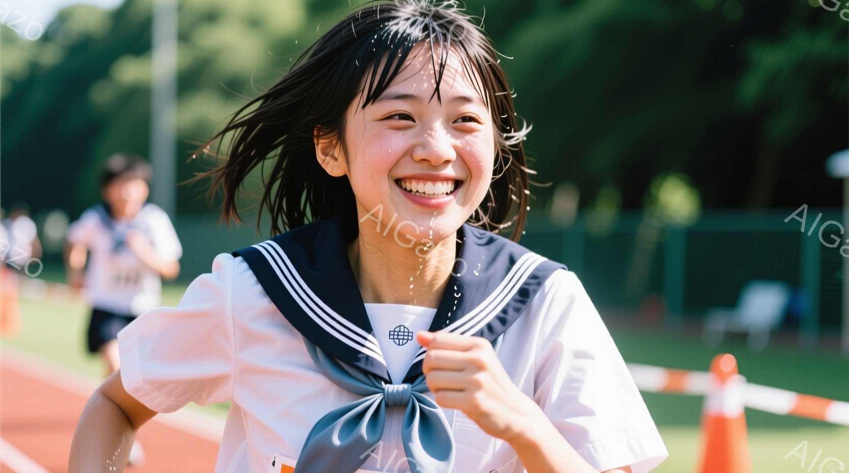 制服姿の女子学生が、競技場らしき場所で走っている様子が写っている。彼女は笑顔で、髪が風になびき、汗が飛び散っていることから、活発に運動している最中であることがわかる。背景には緑豊かな木々やオレンジ色のコーン、そして遠くに見える建物があり、晴れた日の屋外での活動を暗示している。