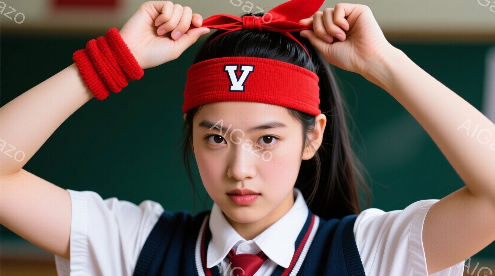 制服を着た若い女性が写っており、赤いヘッドバンドとリストバンドを身に着けています。彼女は顔をしかめており、まるで何かに挑戦しているかのような強い意志を感じさせます。背景はぼやけていますが、教室のような室内であることが推測できます。