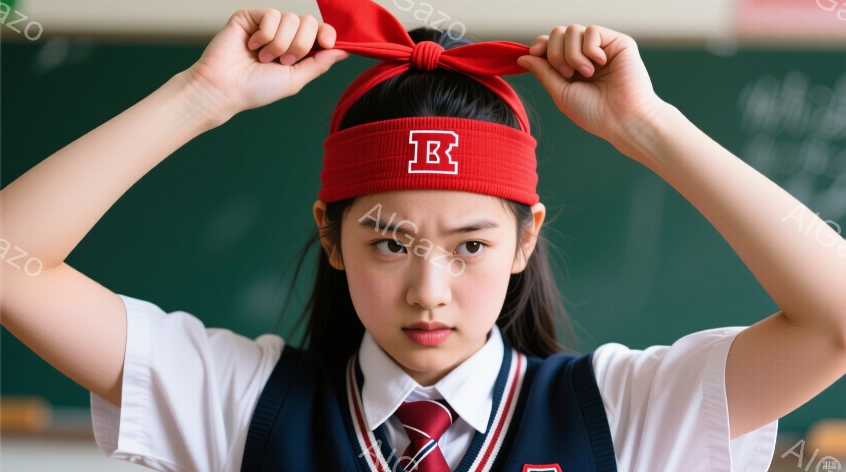 制服を着た若い女性が写っており、赤い頭巾を手に持っています。彼女は少し眉間にしわを寄せ、真剣な表情でカメラを見つめています。背景には、ぼやけた教室らしきものが映り、彼女が何かの活動に向けて準備しているかのような雰囲気です。