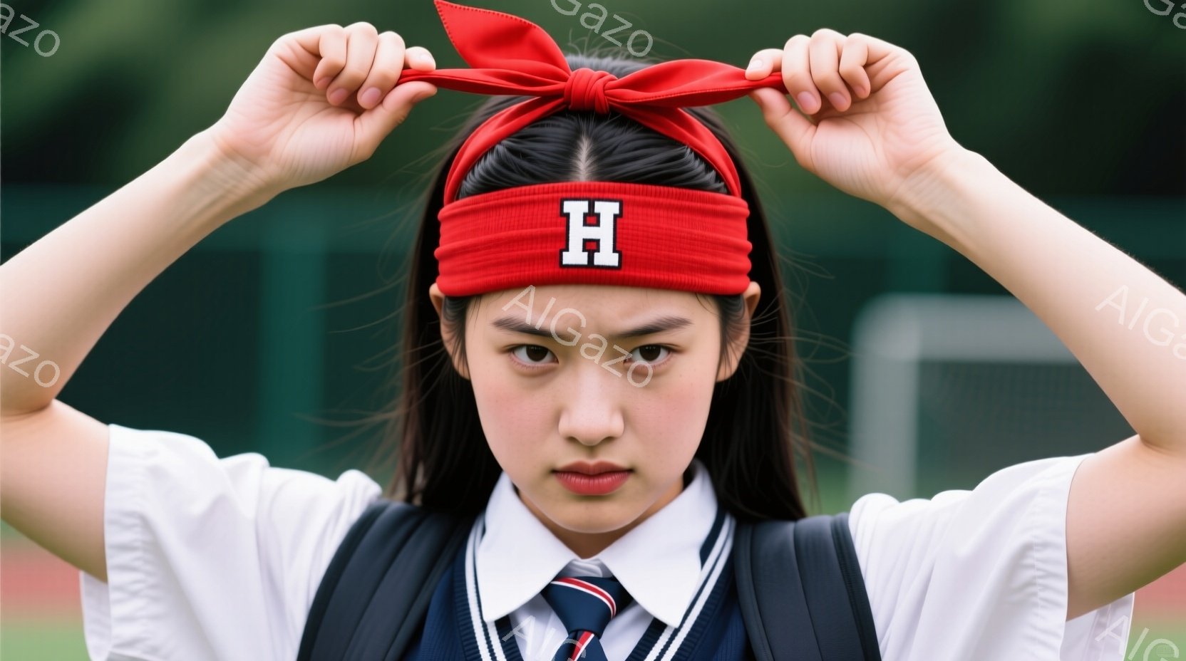 若い女性が赤いヘッドバンドを頭に巻き、強い意志を感じさせる表情でこちらを見ている。紺色のブレザーと白いシャツ、ネクタイという制服姿で、両腕はわずかに曲げられている。背景には緑色の芝生と、ぼやけたテニスコートのような構造物があり、晴天の下で活気のある雰囲気を醸し出している。