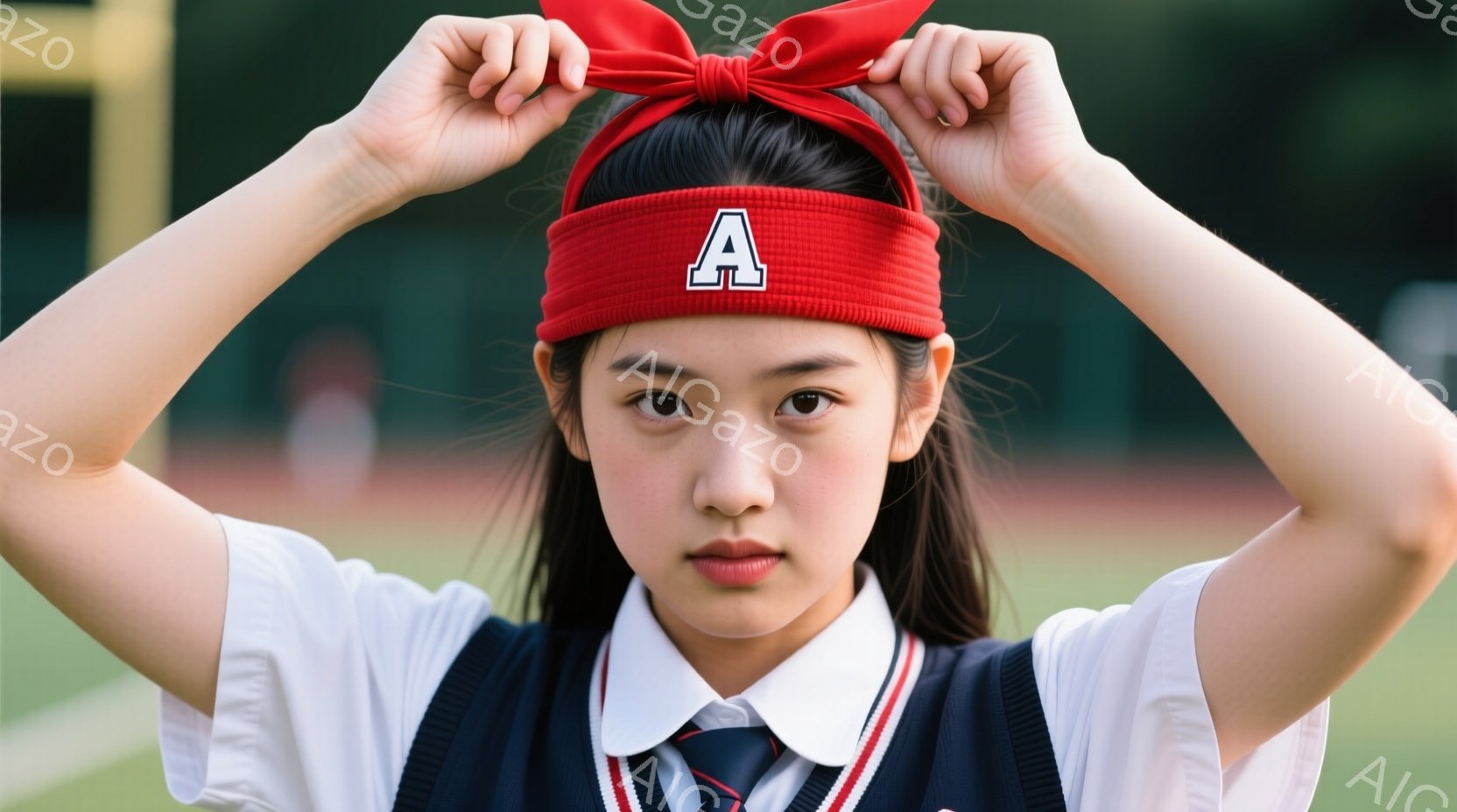 少女は赤いヘッドバンドを頭に巻き、まっすぐ前を見据えています。紺色のベストと白いシャツ、ネクタイという制服姿で、両腕を上げて少し緊張した表情をしています。背景は緑の芝生とぼやけた建物があり、晴れた日の屋外で撮影されたようです。