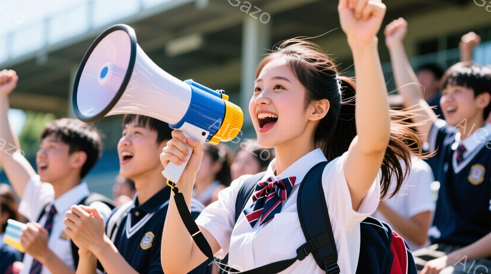 制服を着た女子高生がメガホンを持って叫んでいます。彼女は明るい笑顔で、髪をポニーテールにしており、周りには同じ制服を着た男子生徒たちがいます。背景には建物が見え、晴れた日の屋外で、活気に満ちた応援の雰囲気を感じさせます。