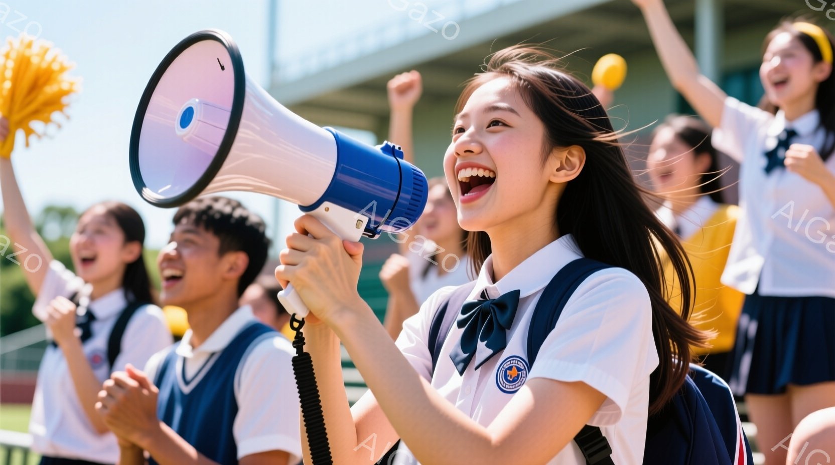 制服を着た女子生徒がメガホンを持って叫んでおり、顔には笑顔が広がっています。彼女の周りには、同じ制服を着た他の生徒たちがいて、腕を上げて興奮している様子が伺えます。背景には緑の芝生と建物が見え、晴れた日の屋外イベントのような活気ある雰囲気です。