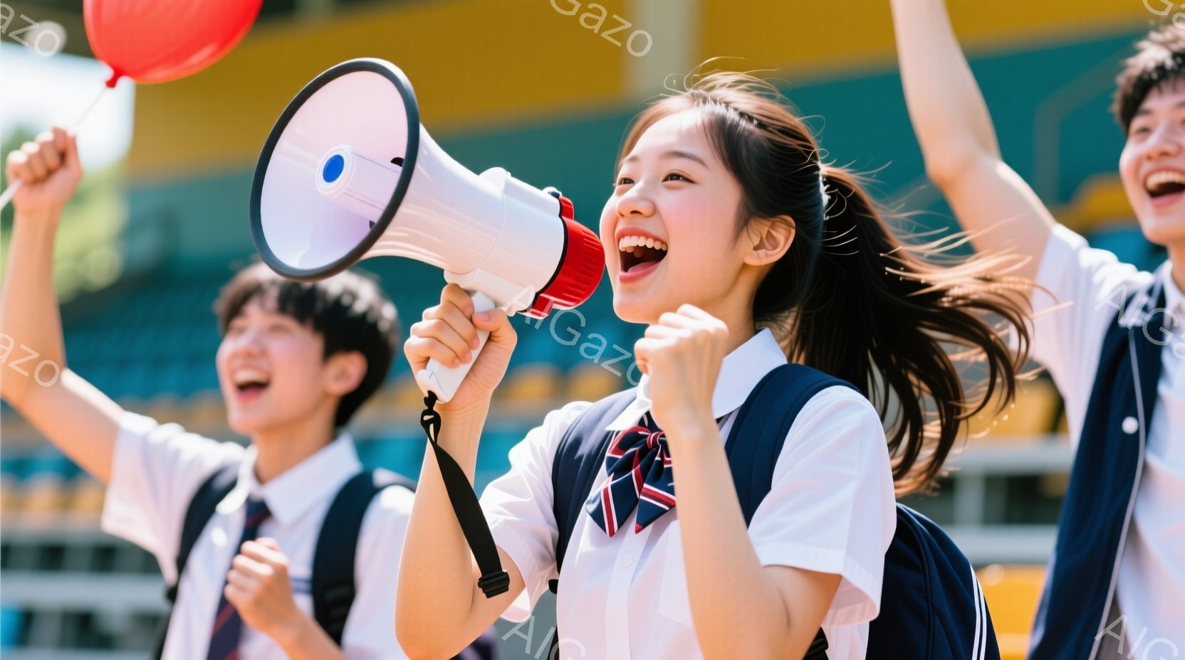 制服を着た若い女性が拡声器を手に、興奮した表情で叫んでいる。彼女は髪を後ろで結び、リュックサックを背負っている。背景には他の制服を着た生徒たちが腕を上げ、歓声をあげている様子が見え、活気に満ちたイベントの様子が伺える。