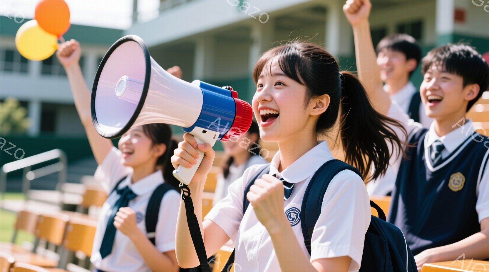 制服を着た女子生徒が拡声器を持って笑顔で何かを叫んでいます。彼女は茶色の長い髪を後ろで結び、他の生徒たちも同じ制服を着て、応援しているようです。背景には緑の芝生と建物が見え、晴天で明るい雰囲気を感じさせます。