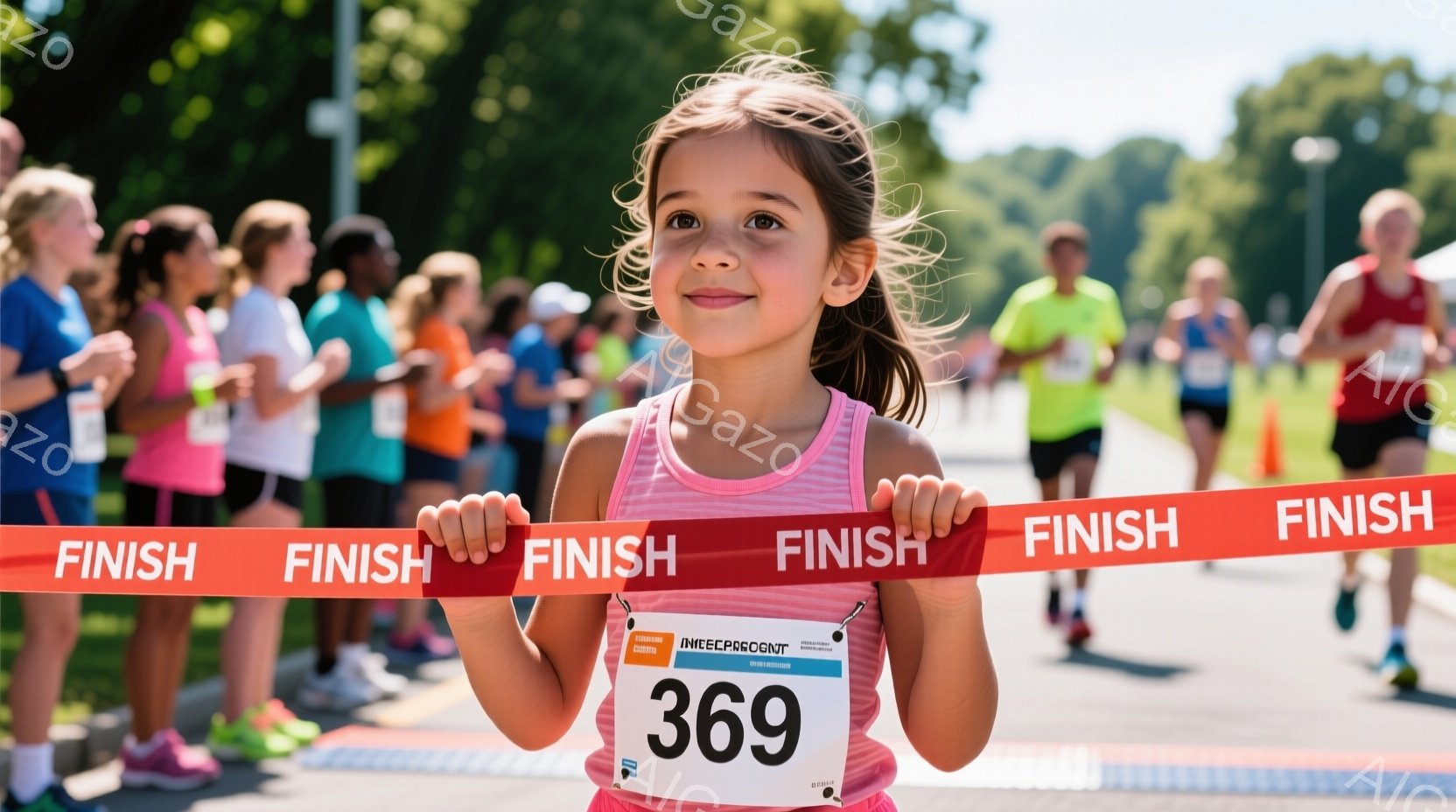 少女はピンク色のタンクトップとショーツ姿で、胸には「369」と書かれたゼッケンをつけている。彼女はフィニッシュラインを越え、誇らしげに空を見上げ、少し微笑んでいる。背景には他のランナーや木々が見え、晴天の下、マラソン大会の熱気が伝わってくる。