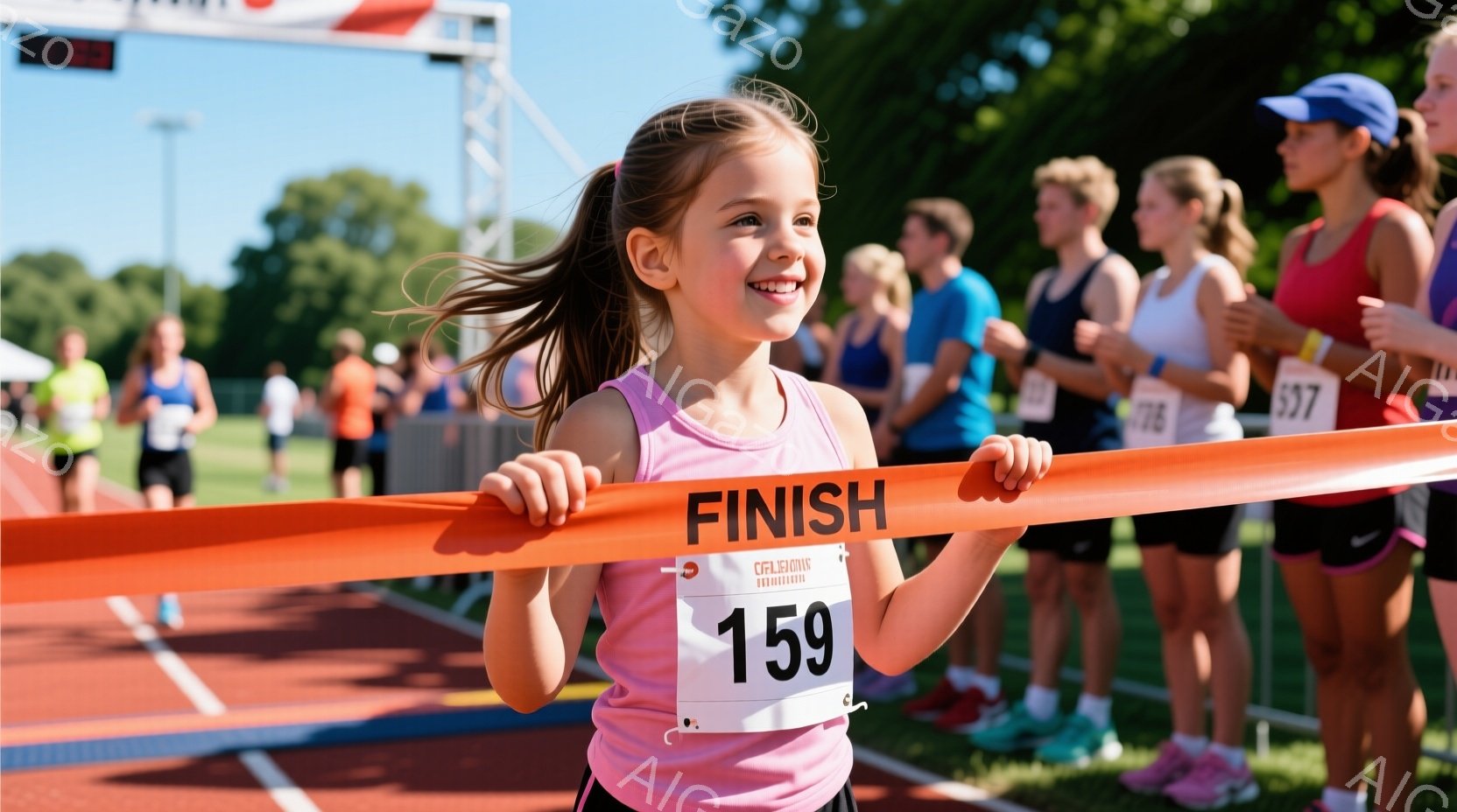 この画像では、小学校低年代の少女がフィニッシュラインを手に持って通過しています。彼女は髪をピンクのバンドで留めており、大きな微笑みを浮かべています。観客たちが見守る中、彼女は素直に表情を見せ、自信と達成感を示しています。背景では、競技場のトラックが見え、天気は晴れで、多くの人々が応援に集まっています。