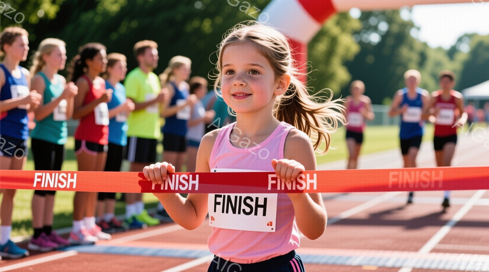 少女がフィニッシュラインを越え、満面の笑みを浮かべている。ピンク色のタンクトップとショーツ姿で、髪はポニーテールに結ばれ、運動靴を履いている。背景には、他のランナーや緑の芝生、そして晴れた空が見え、活気に満ちた競技会の雰囲気が漂っている。