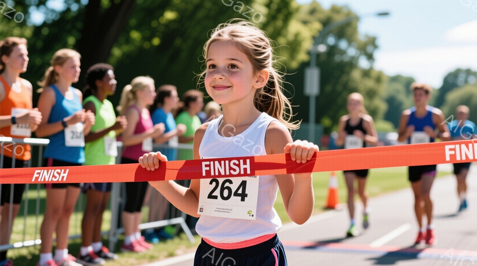 少女がフィニッシュラインを走り抜けている様子が写っている。彼女は白のTシャツと紺色のショートパンツを身につけ、髪はポニーテールにしている。背景には他のランナーや緑豊かな木々が見え、晴れた日のレースの活気ある雰囲気が伝わってくる。