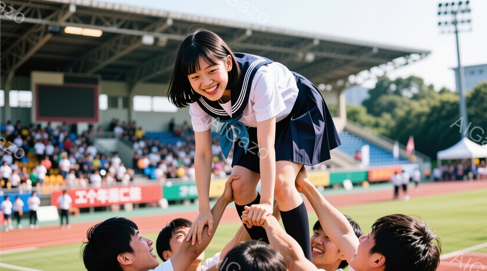 制服姿の女子学生が、複数の男子学生によって肩車されている様子が写っている。彼女は笑顔で両手を広げ、喜びを表現している。背景には観客席やトラックが広がり、晴天の下、スポーツイベントのような活気ある雰囲気が伝わってくる。