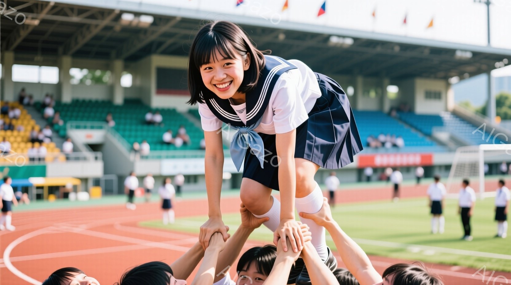 運動場で他の生徒たちによって持ち上げられている女子高生が写っています。彼女は紺色のセーラー服を着ており、明るい笑顔を浮かべています。背景には、観客席やトラック、そして晴天の下の青い空が見え、活気のある - AI生成フリー素材