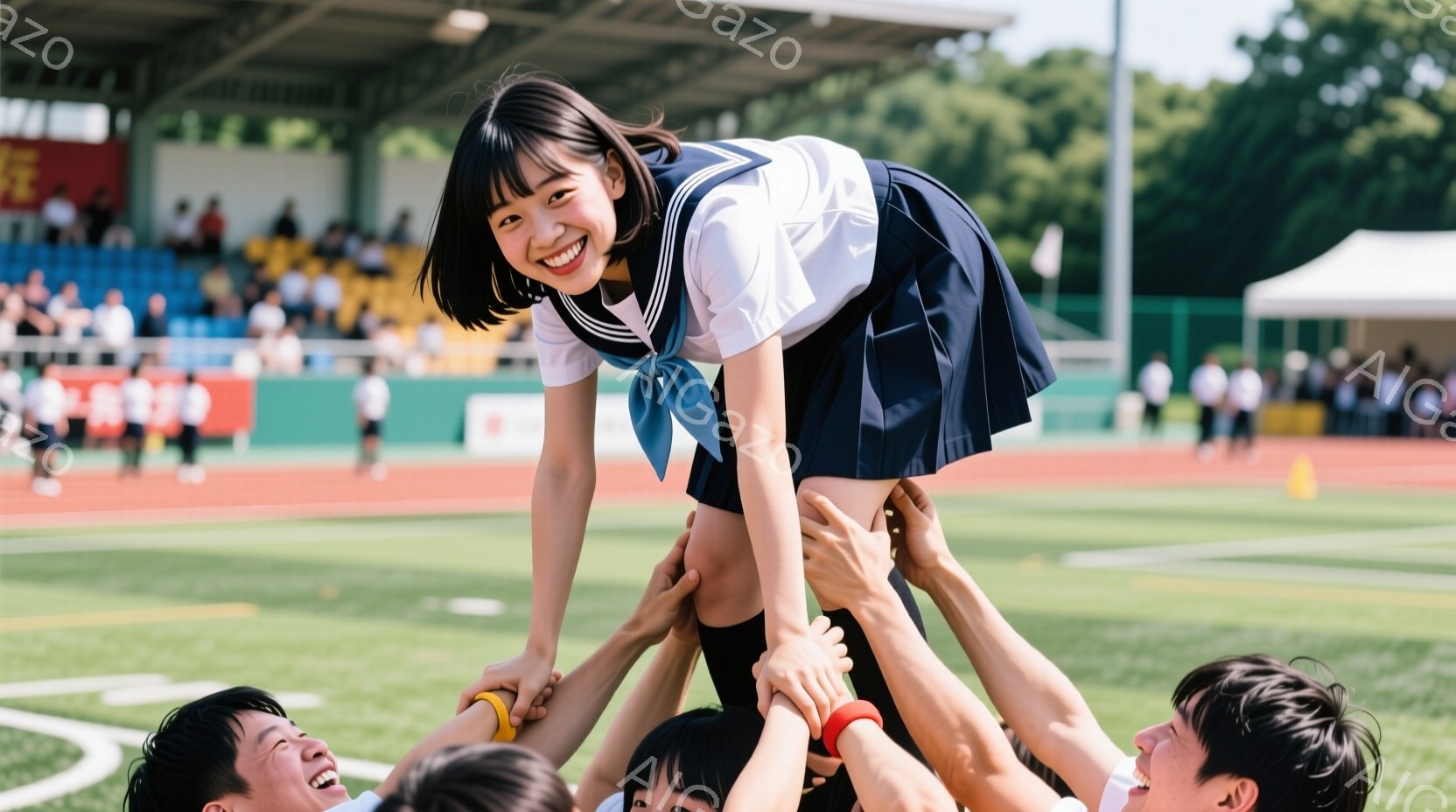 女学生が複数の男子学生によって肩車されている様子が写っている。彼女は紺色のセーラー服を着用し、笑顔で前を見ている。背景には緑の芝生、観客席、そして晴れた空が広がり、活気のある学校行事の雰囲気が感じられる。