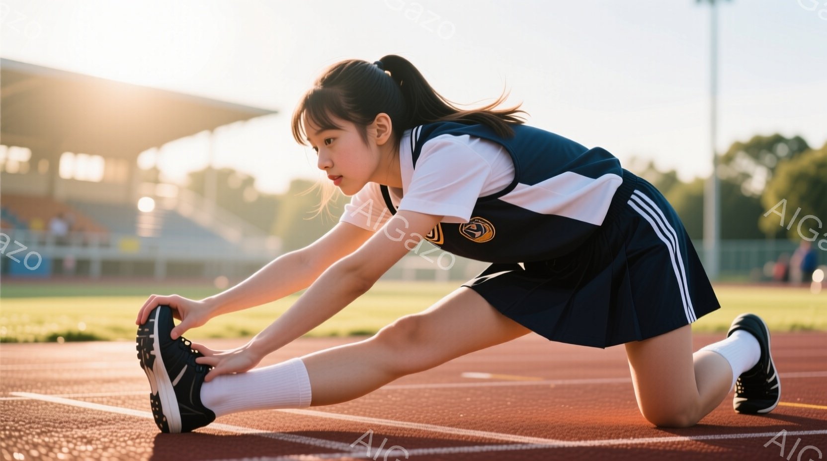 短い黒髪をポニーテールにした女子高生が、陸上競技場のトラック上でストレッチをしている。紺と白のストライプが入ったユニフォーム姿で、片膝を地面につけ、片足を伸ばして柔軟運動を行っている。背景には緑の芝生と観客席が見え、晴天の下で活気ある雰囲気を感じさせる。