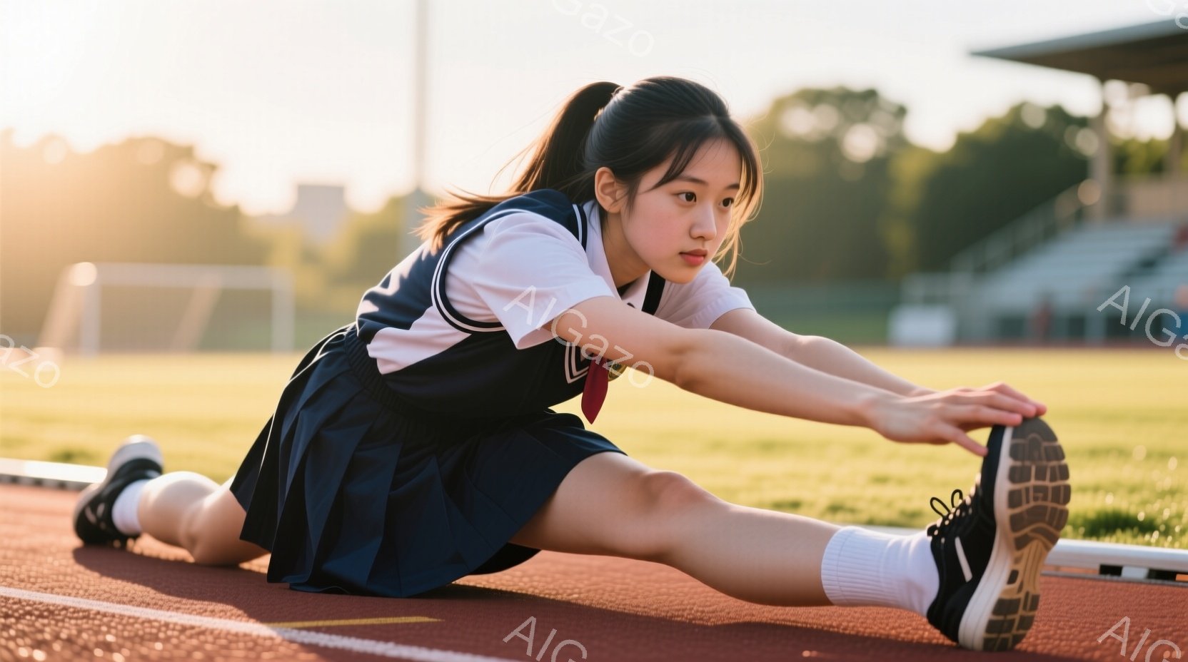 制服姿の女子高生がトラックに座り、足を大きく開いてストレッチをしている。紺色のスカートと白いブラウスを着ており、髪はポニーテールに結われている。背景には緑の芝生と観客席が見え、夕日の光が柔らかく差し込んでいる。