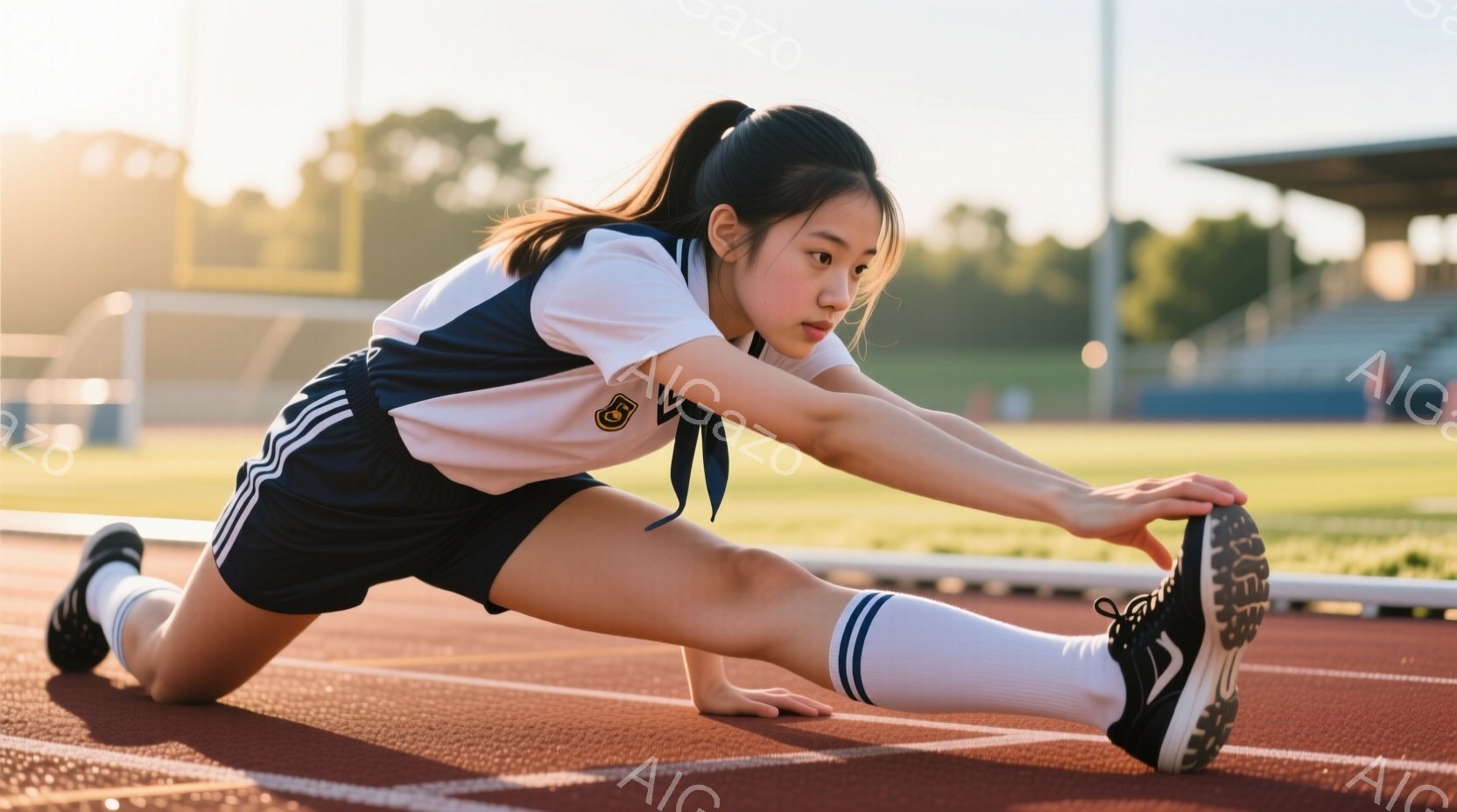 陸上競技場のトラック上で、若い女性がストレッチをしている。彼女は黒と白のストライプのスポーツウェア、黒いソックス、ランニングシューズを着用し、髪はポニーテールに結ばれている。背景には観客席と緑豊かな自然が見え、晴れた日の活気ある雰囲気を感じさせる。