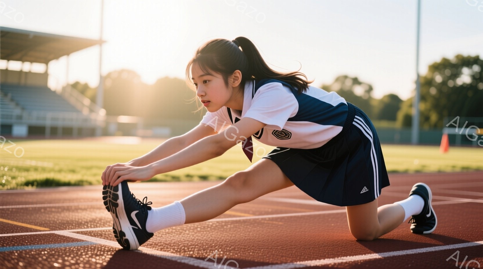 短い髪をポニーテールにした少女が、赤いトラックのレーンでストレッチをしている。紺色のスカートと白いポロシャツの制服姿で、集中した表情で片足を伸ばしている。背景には緑の芝生と観客席が見え、晴れた日の暖かく明るい雰囲気を感じさせる。