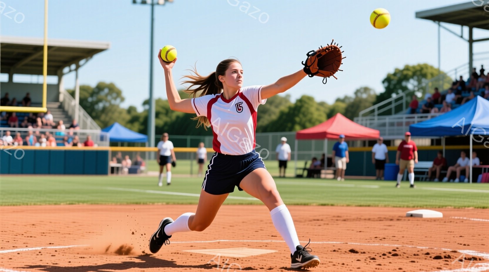ソフトボール選手が投球動作中です。白地に赤い縁取りとロゴが入ったユニフォーム、紺色のショートパンツ、白いソックス、そして黒いスパイクを履いています。背景には観客席、赤い屋根の建物、そして晴れた空が見え、全体的に活気に満ちた競技の雰囲気が伝わってきます。