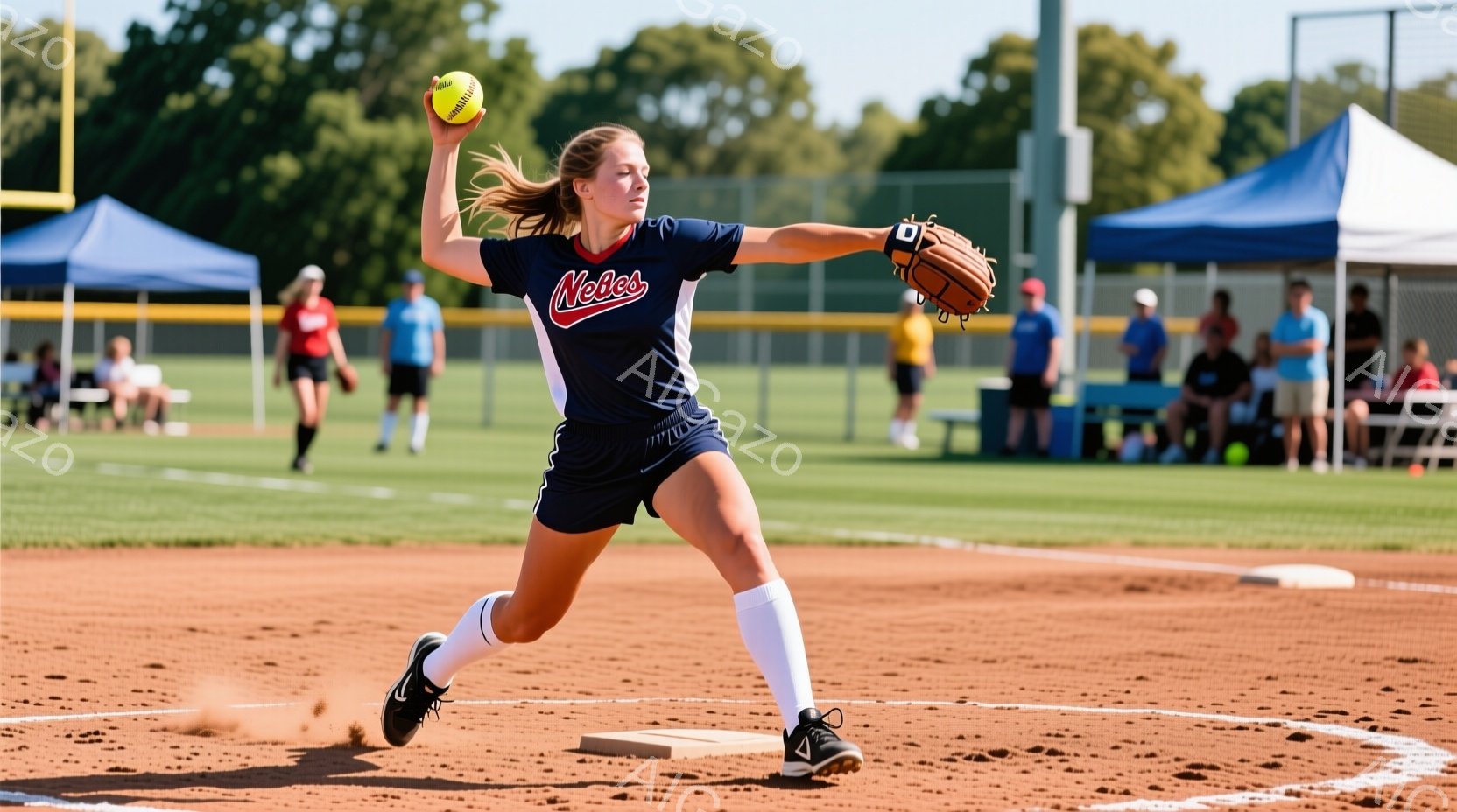 ソフトボール選手が投球の動作中に写っている。青色のユニフォームと白いソックス、黒いスパイクを着用し、髪はポニーテールにしている。背景には、青いテントがいくつか見え、晴れた空と緑の芝生が広がり、試合が行われている活気のある雰囲気が伝わる。
