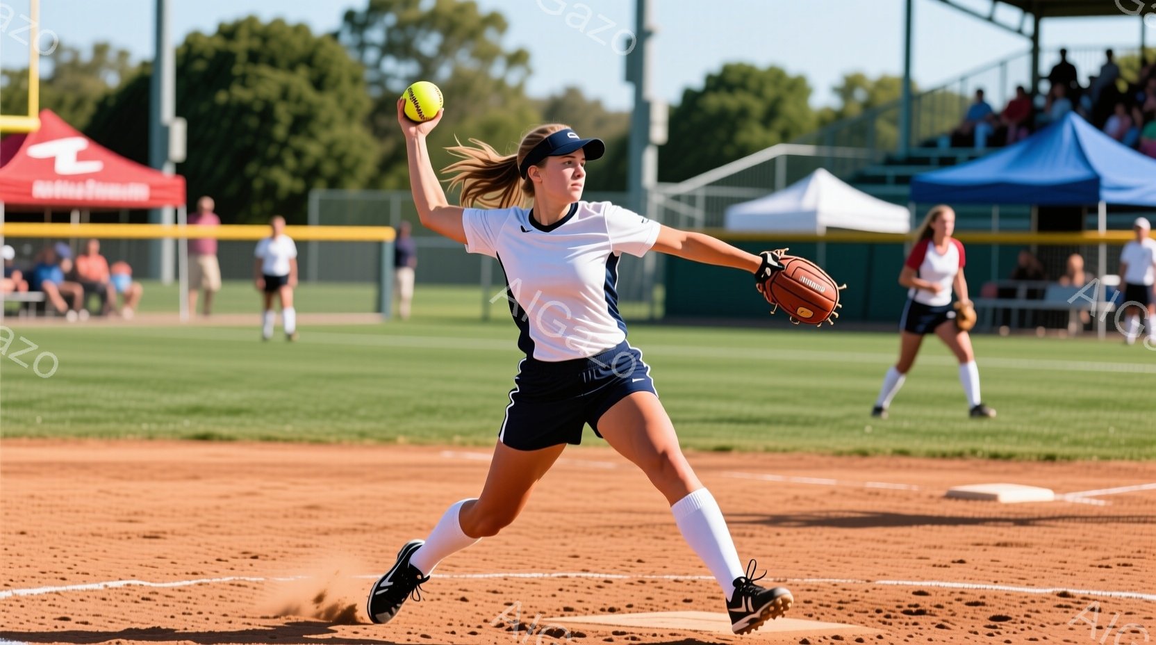 ソフトボール選手が投球動作中です。紺色と白のユニフォーム、高いポニーテール、そして集中した表情が印象的です。背景には野球場が見え、観客席やテント、そして晴天の下の緑豊かな自然が広がっています。