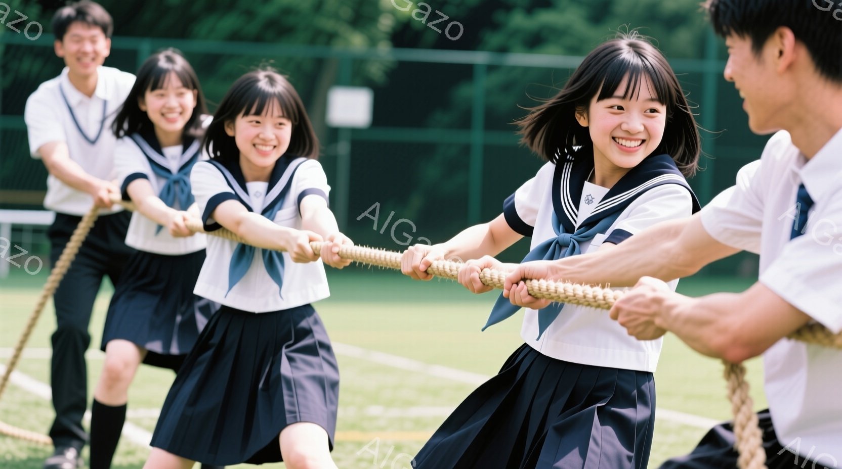 制服を着た学生たちが綱引きをしている様子が写っています。女性たちは白いブラウスと濃い青色のスカート、そして赤いリボンまたはネクタイを着用し、笑顔で力を込めて綱を引いています。背景には緑の芝生と木々が見 - AI生成フリー素材