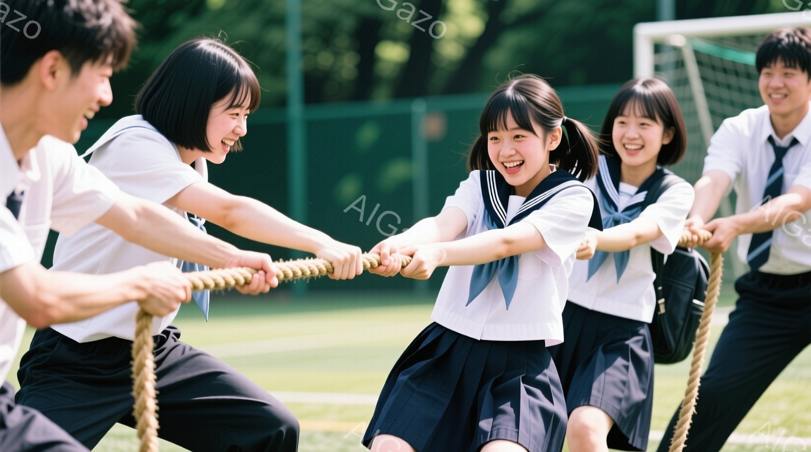 制服を着た高校生たちが、綱引きを楽しんでいる様子が写っている。女の子たちは白いブラウスに濃い色のスカート、リボンを結んだ髪型で、笑顔を浮かべて力を込めている。背景には緑のフェンスと芝生があり、晴れた日 - AI生成フリー素材