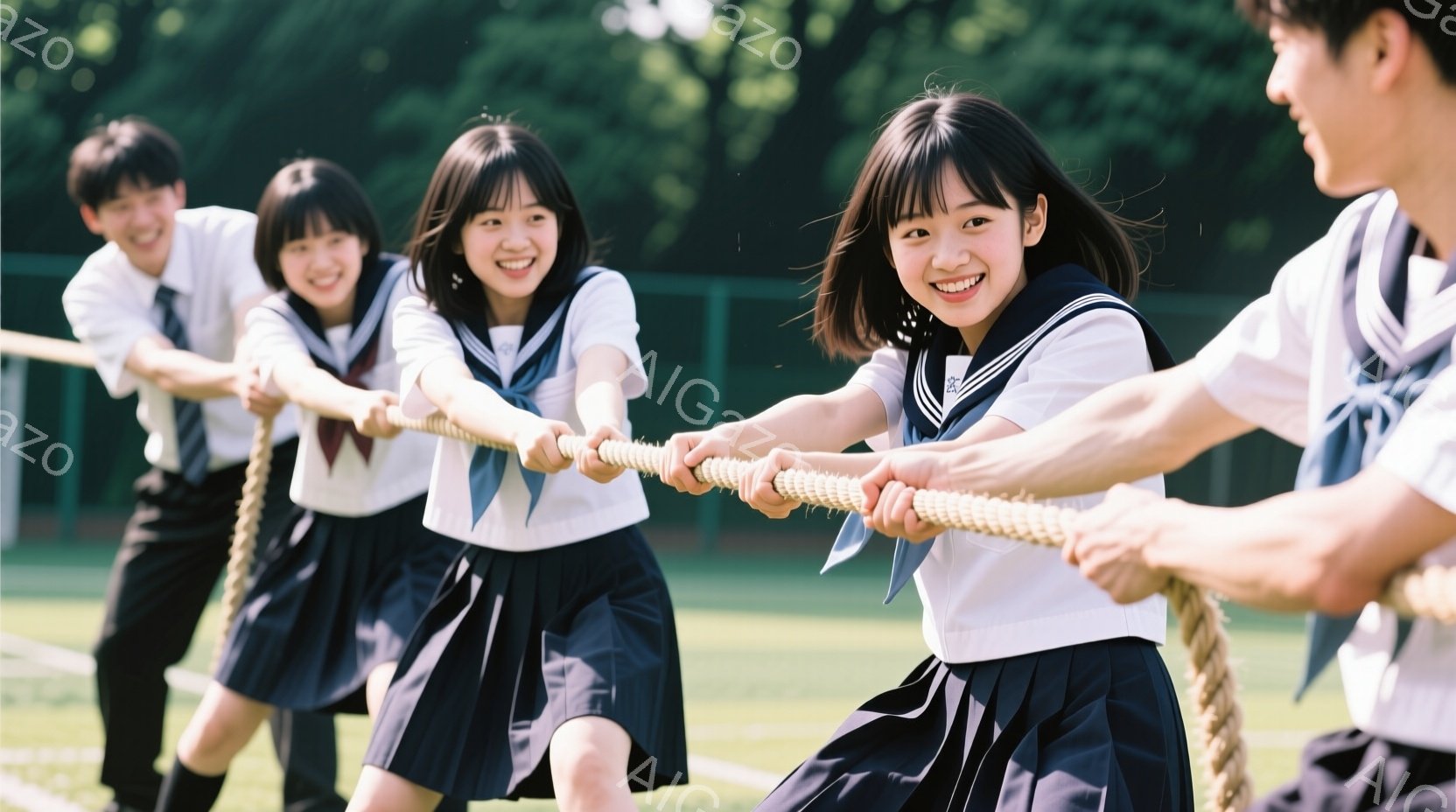 制服を着た学生たちが綱引きをしている様子が写っている。紺色のスカートと白いブラウスにネクタイを締め、髪をハーフアップまたは短く整えている。背景には緑豊かな木々が広がり、晴天の下で活気に満ちたスポーツイベントの雰囲気が漂っている。