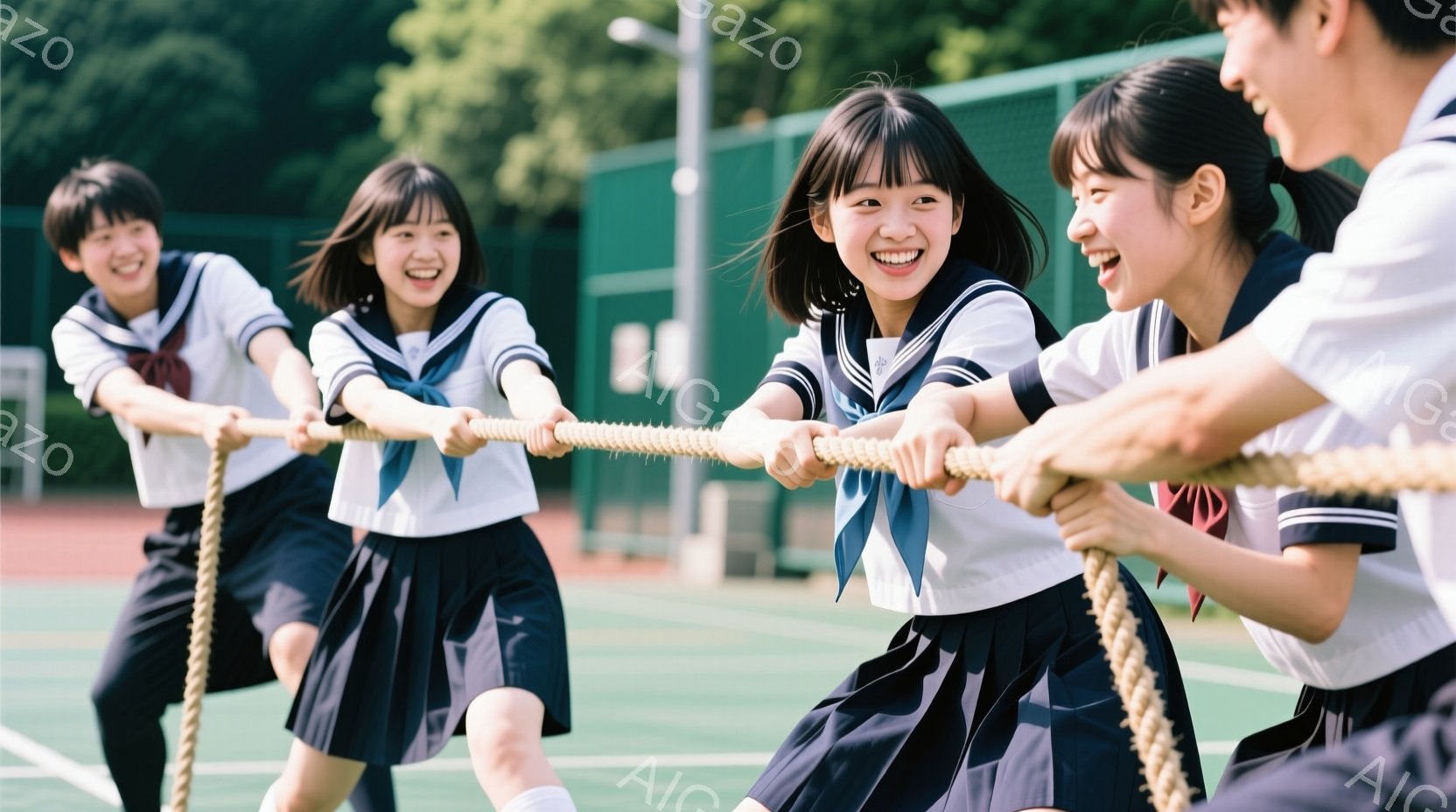 紺色のセーラー服を着た女子高生たちが、力強く綱引きをしている様子が写っている。彼女たちは皆、笑顔で前を見据え、髪を少しずつ揺らしながら、一致団結して綱を引いている。背景は緑色のテニスコートで、晴れた日の屋外で活気に満ちた雰囲気が伝わってくる。