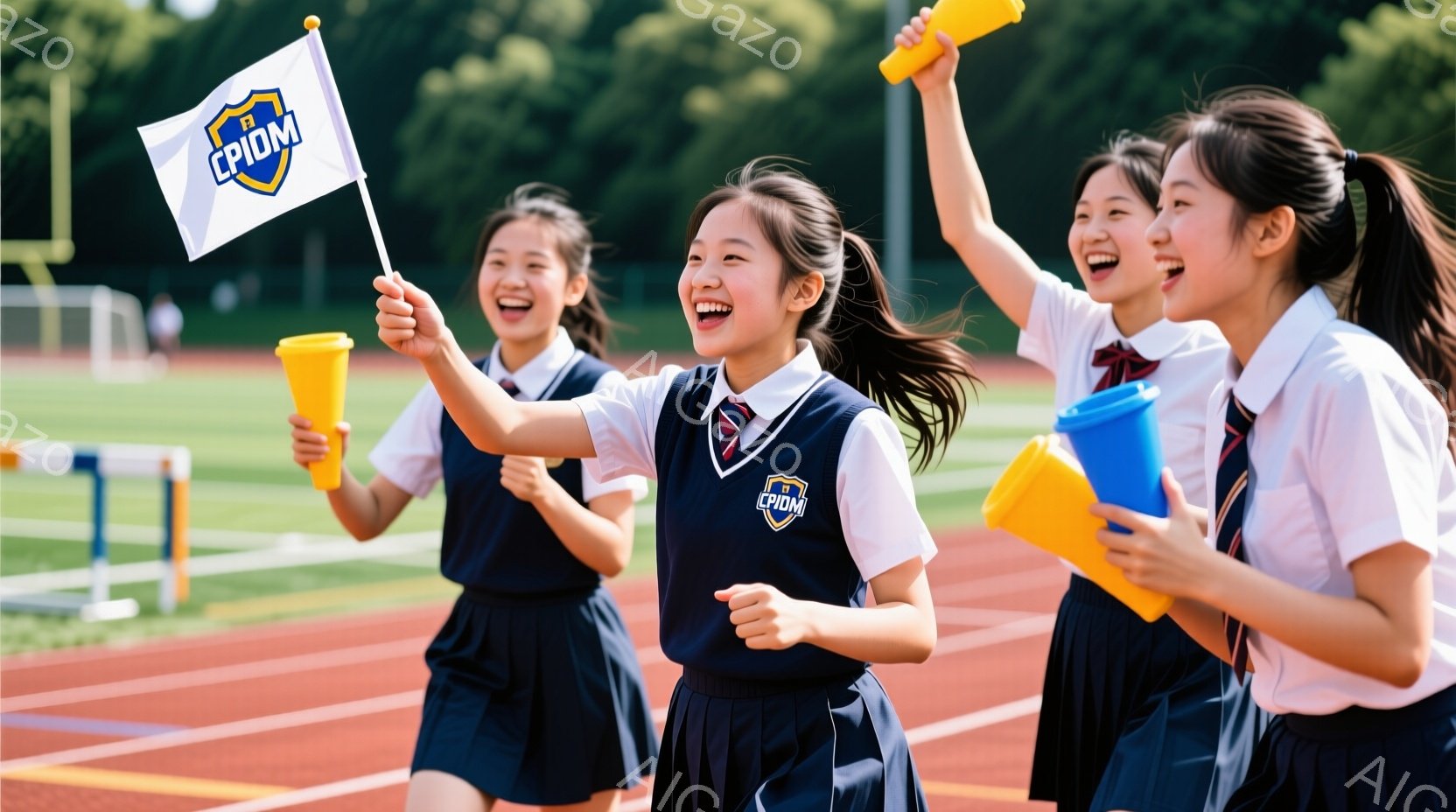 トラック競技場で走っている制服姿の女子学生たちが写っています。紺色のスカートと白のブラウス、赤いリボンを身につけ、顔には喜びの表情が浮かんでいます。背景には緑豊かな木々が見え、晴天の下、活気に満ちた競技場の雰囲気が伝わってきます。