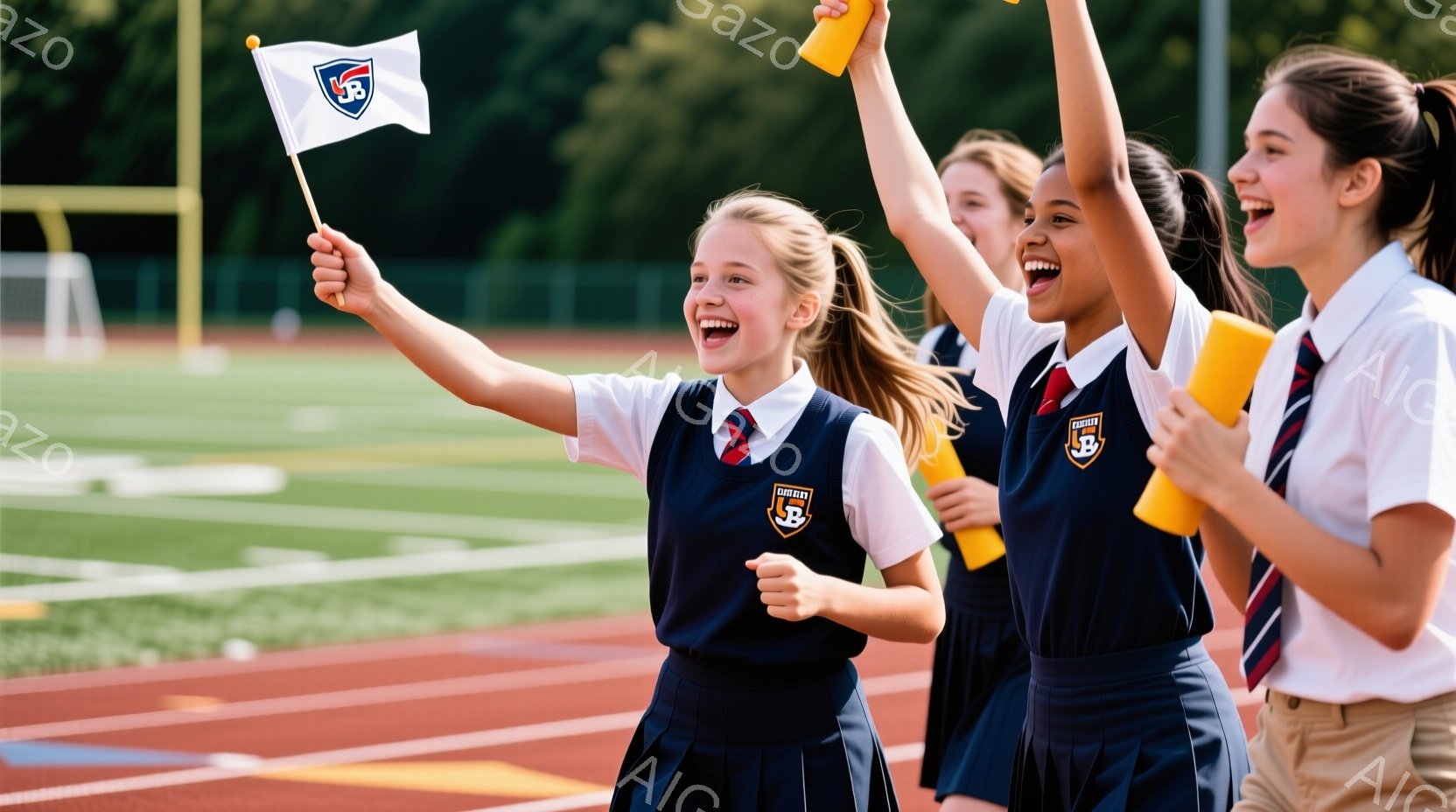 紺色のブレザーとプリーツスカートの制服を着た若い女性たちが、トラックを走っています。一人は青い旗を高く掲げ、他の二人はオレンジ色のバトンを持って歓声をあげています。背景には緑豊かな芝生と木々が見え、晴天の下、運動会の活気ある雰囲気が伝わってきます。