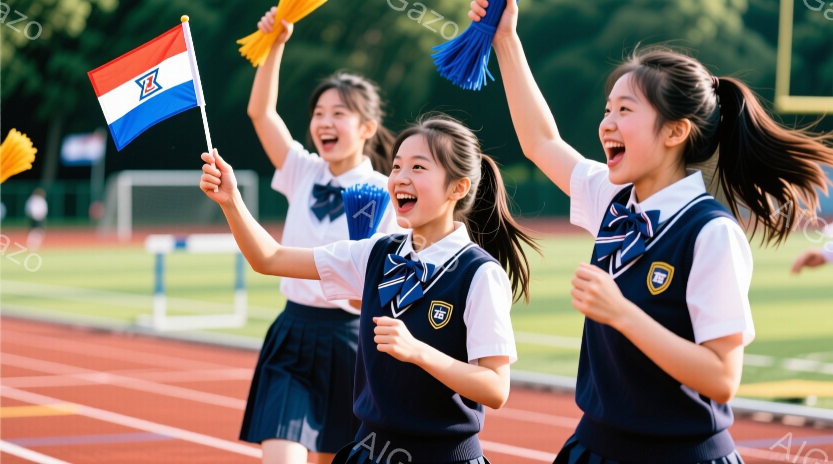制服を着た若い女性たちが競技トラックでポンポンを持って歓声をあげています。彼女たちは紺色のスカートと白いシャツ、そしてネイビーのベストを着ており、髪はポニーテールに結ばれています。背景には緑の芝生とトラック、そしてぼやけたゴールネットが見え、明るい晴天の下、活気に満ちた雰囲気です。