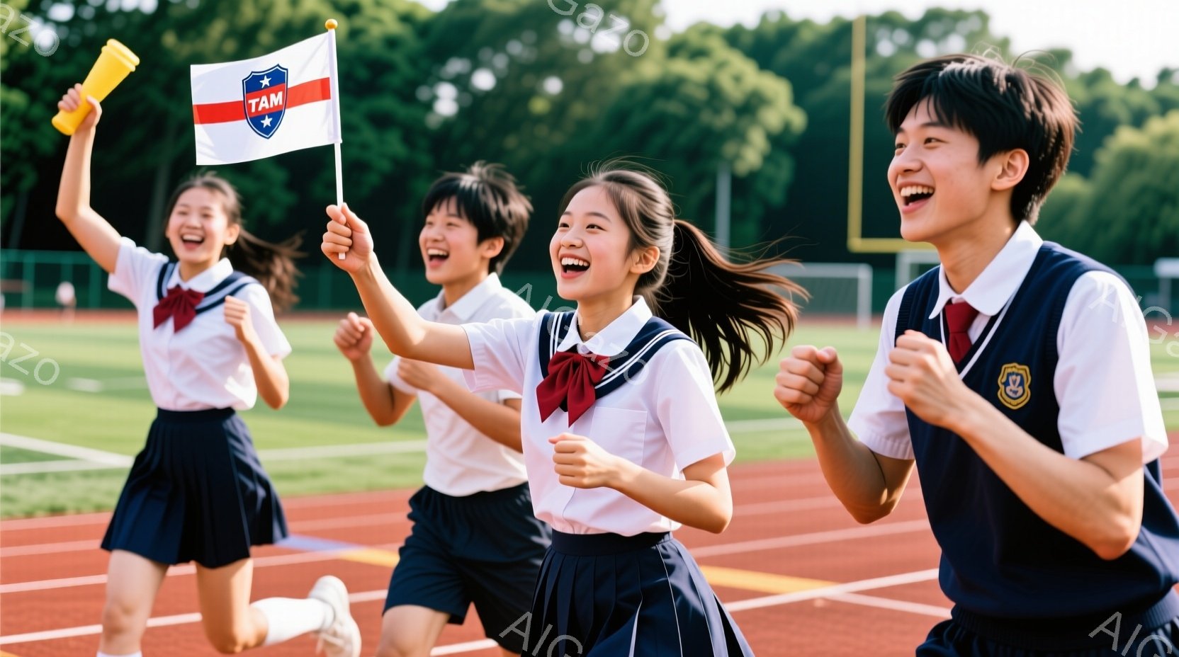 制服を着た若い男女がトラックを走っており、皆笑顔で興奮している様子が伺える。女性たちは白いシャツに紺色のスカート、男性は紺色のジャケットとズボンを着用し、それぞれ首にリボンを締めている。背景には緑豊かな木々と青空が広がり、晴れた日のスポーツイベントの活気を感じさせる。