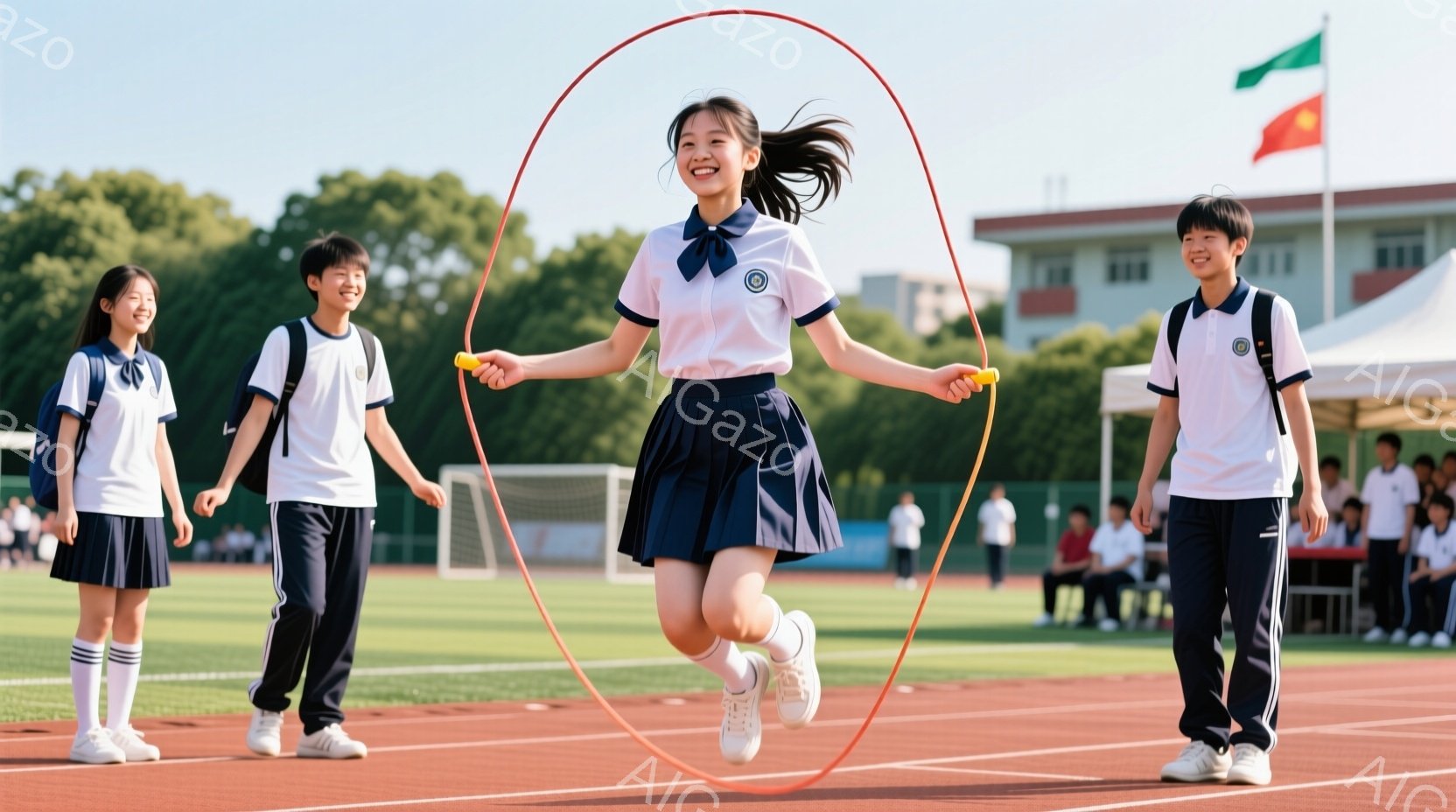 赤い跳び縄で跳んでいる女子生徒が中心に写っている。彼女は白いブラウスと紺色のプリーツスカート、白い靴下とスニーカーを履いており、髪は高い位置でポニーテールに結われている。背景には、同じ制服を着た男子生徒や、赤いトラック、緑の芝生、そして遠くに見える建物や旗があり、晴れた日の活気ある学校の風景が広がっている。