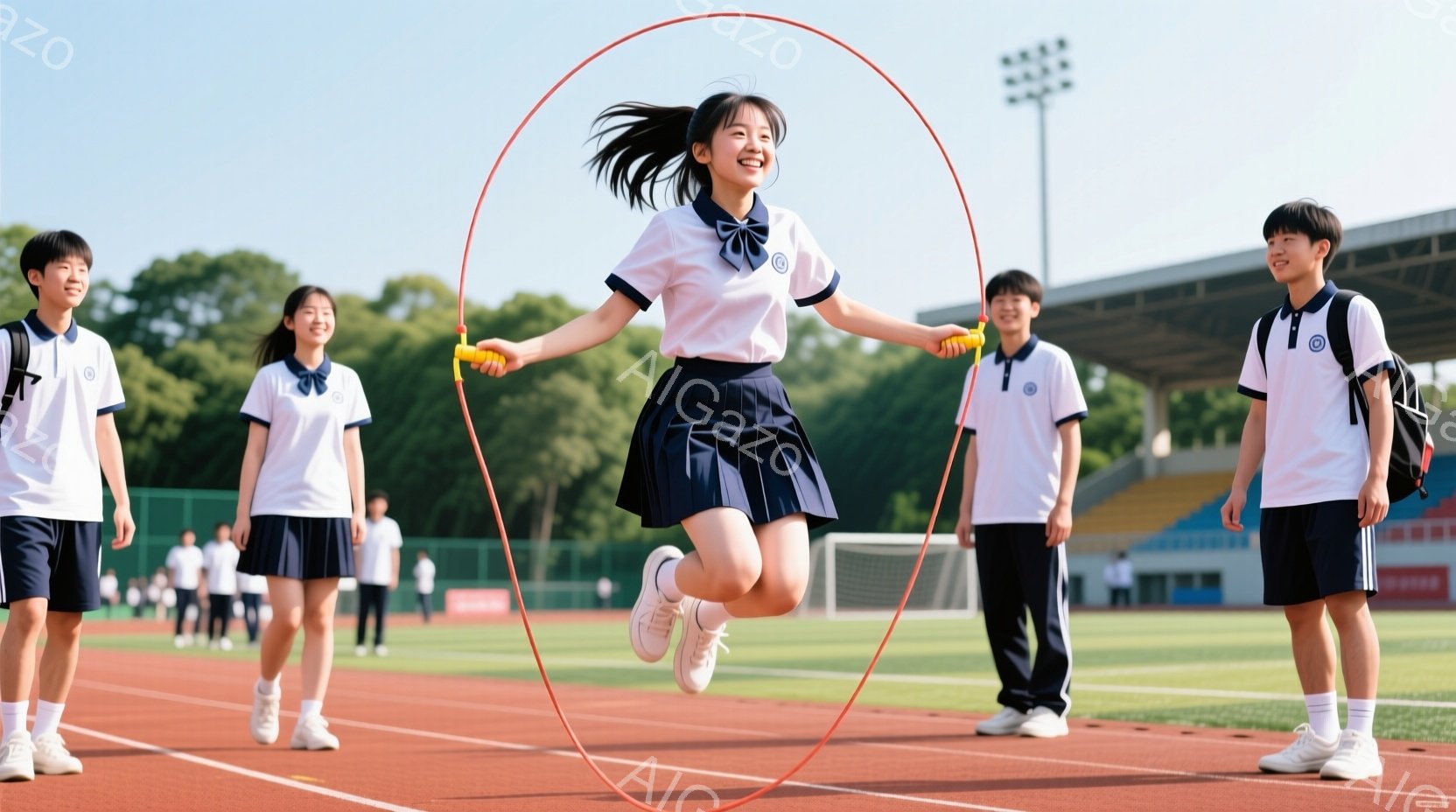 制服を着た女子高生が、競技場のトラックの上で縄跳びをしている姿が捉えられている。彼女は黒髪をポニーテールにし、笑顔で大きくジャンプしており、他の男子生徒たちがその周りに立って見守っている。背景には緑豊かな芝生と観客席が見え、晴天で明るい雰囲気である。
