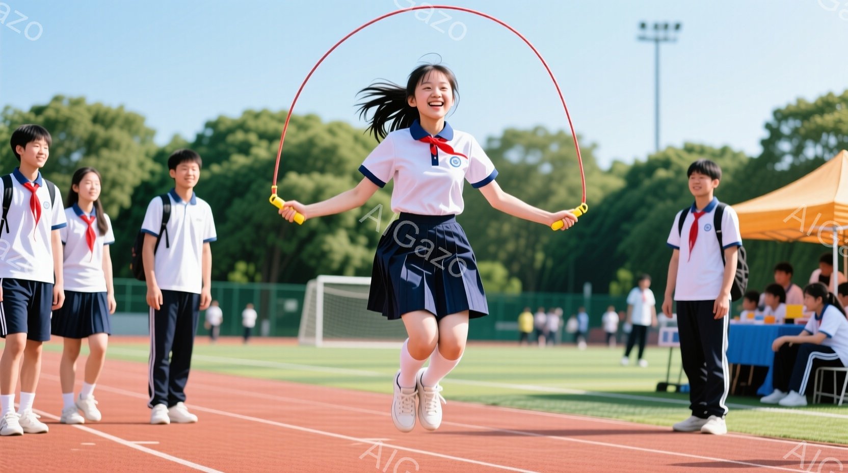 少女は運動場で縄跳びをしており、高く跳ねる姿は躍動感に満ちている。紺色のスカートと白いブラウス姿で、髪を高く結び、笑顔を見せている。背景には、赤色のトラック、緑の芝生、そして他の生徒たちがおり、晴天の下、活気のある運動会の様子が伺える。