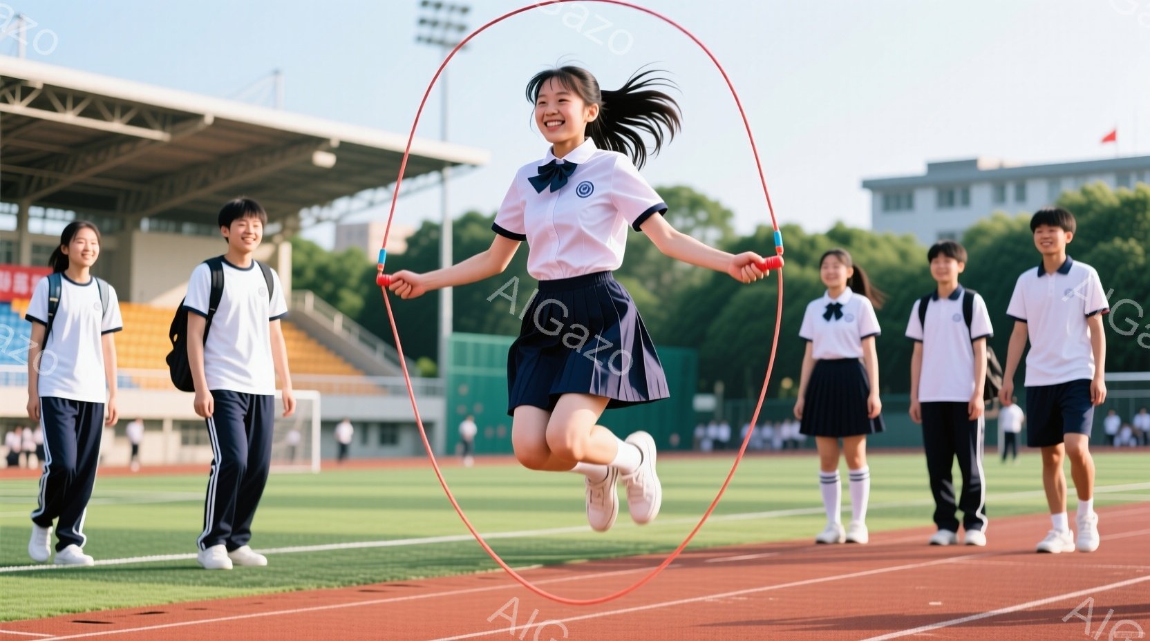 紺色のトラックを舞台に、制服を着た女子高生が縄跳びをしている様子が写っています。彼女は紺色のスカートと白いブラウスを着ており、髪はポニーテールに結ばれ、満面の笑みを浮かべています。背景には、観客席と緑豊かな草地、そして晴れた空が広がっており、明るく活気のある雰囲気が漂っています。