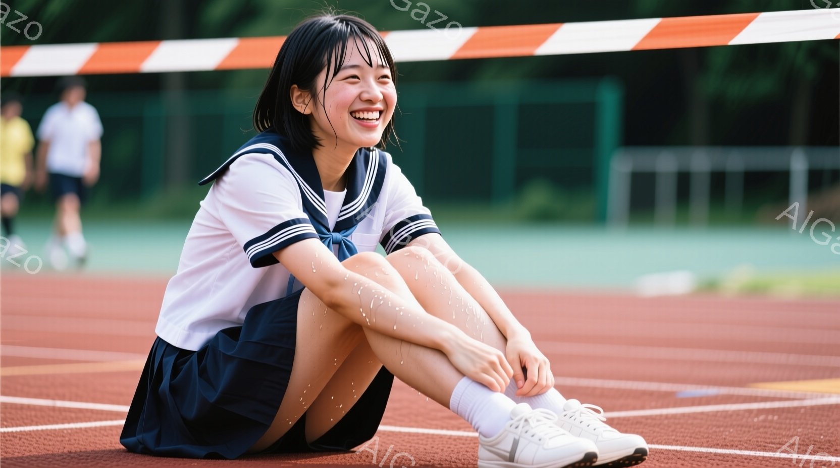 明るい表情の女子学生が、赤いトラックのレーンに座り込んでいる。紺色のスカートと白いブラウス姿で、髪は短く切りそろえられ、頬は少し赤らんでいる。背景には緑の植生と運動場のフェンスが見え、晴れた日の活気ある雰囲気が伝わる。