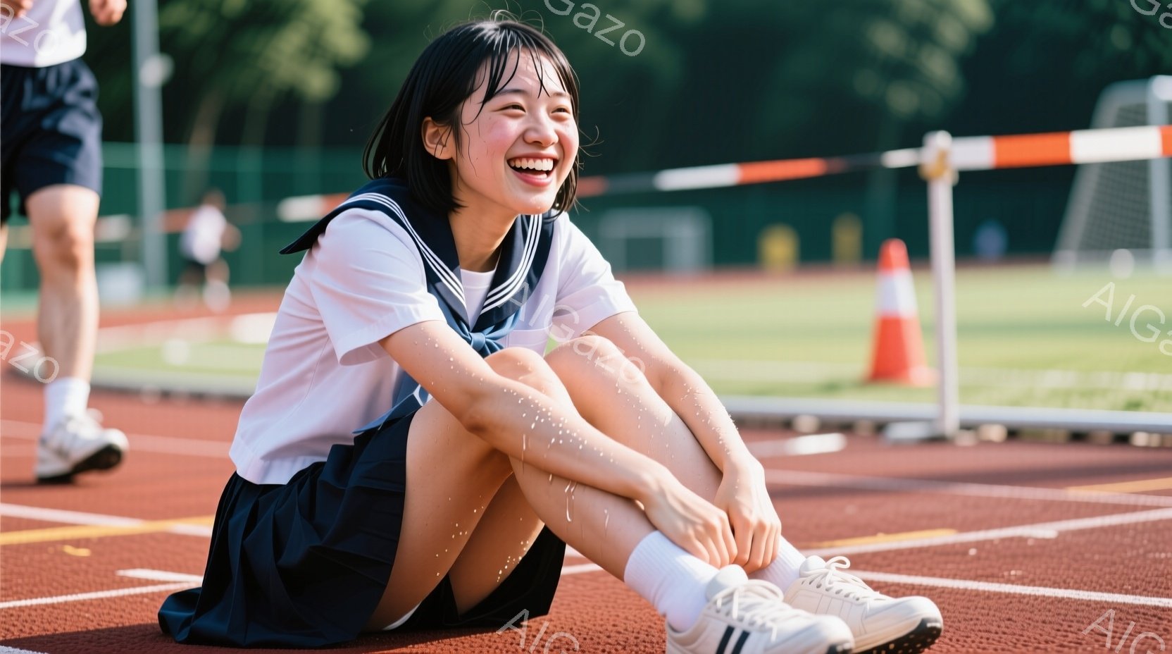 少女は赤い陸上トラックの上に座り、膝を抱えて笑っています。紺色のスカートと白いブラウスの制服を着ており、髪は短くカットされ、表情は明るく元気です。背景には緑の芝生とオレンジ色のコーン、そして遠くに見える建物があり、晴れた日の活気ある雰囲気が伝わってきます。