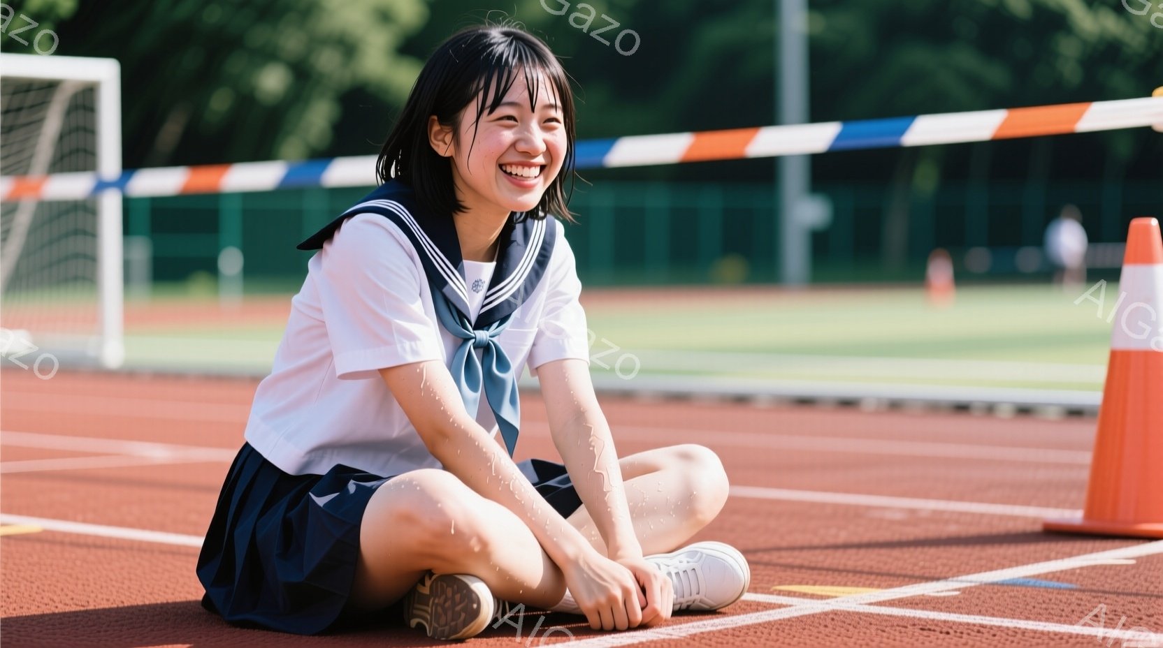 少女は赤いランニングトラックの上に座り、満面の笑みを浮かべている。彼女は白い半袖シャツに紺色のスカート、そして体操靴を履いており、髪は短く切り揃えられている。背景にはゴールネットやコーン、緑豊かな木々が見え、晴れた日の活気ある雰囲気が伝わってくる。