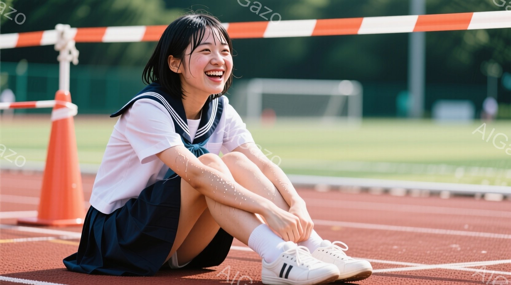少女は、赤いランニングトラックの上に座り、膝を抱えて笑顔を見せています。紺色のスカートと白いブラウスの制服を着ており、短い黒髪が肩にかかっています。背景にはオレンジ色のコーンや、遠くにサッカーゴールが見え、晴れた日の屋外での活動を思わせる、明るく活気のある雰囲気です。