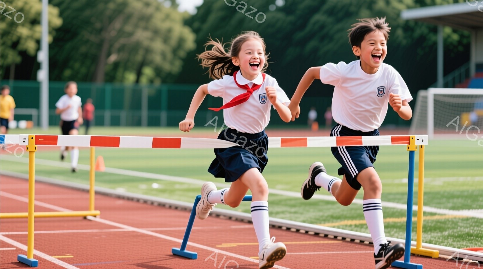 二人の子どもが、赤いハードルを飛び越えながらトラックを走っている。白いシャツに紺色のスカートまたはズボン、白い靴下、そして運動靴を着用しており、満面の笑みを浮かべている。背景には緑豊かな木々と青空が見 - AI生成フリー素材