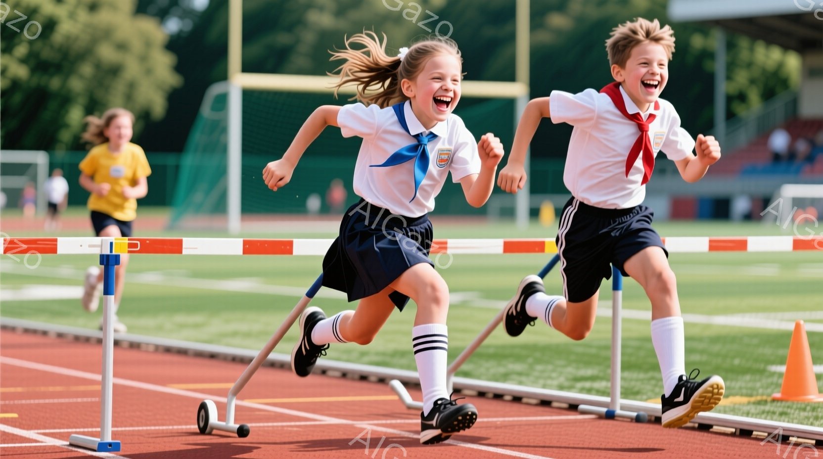 競技場で若い女の子と男の子がハードル走をしている様子が写っています。女の子は髪をポニーテールにし、白いシャツに紺色のスカート、白いソックスと黒いスニーカーを履いています。男の子は白いシャツに紺色のショートパンツ、白いソックスとスニーカーを履き、笑顔でハードルを飛び越えています。