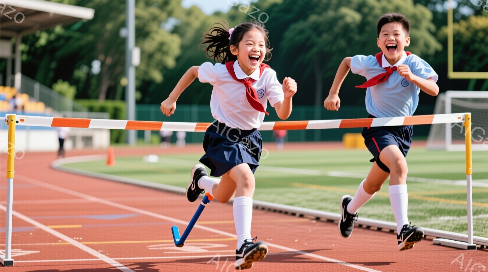 二人の子供が、陸上競技場のトラックを走っている様子が写っています。女の子は白いシャツに紺色のスカート、男の子は水色のシャツに紺色のズボンを着用し、赤いネクタイと白い靴下を履いています。両者とも満面の笑みを浮かべ、躍動感に満ちた姿が印象的で、晴天の下、緑豊かな背景が広がっています。
